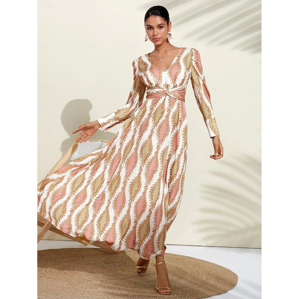 Ador Botanical Print V-Neck Twisted Waist Long Sleeve Maxi Dress Large‎ NWT